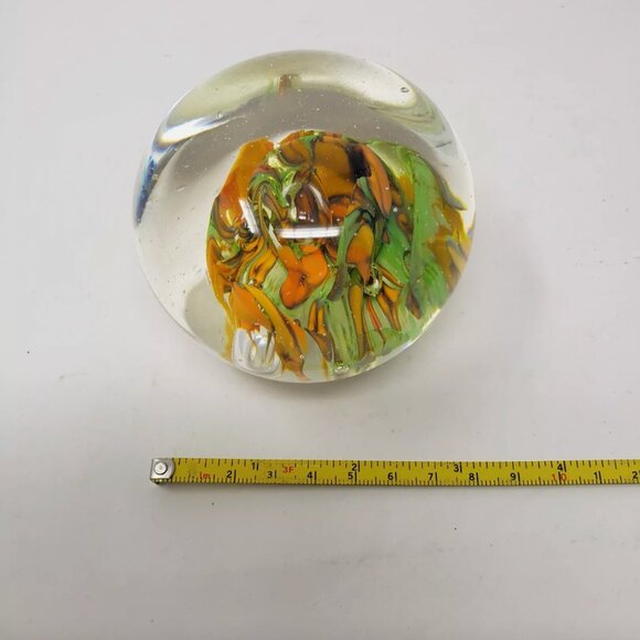 NORLEANS? 3" Glass Paperweight Green Yellow Floral Swirl Bubbles Flat Top Japan - Picture 4 of 5